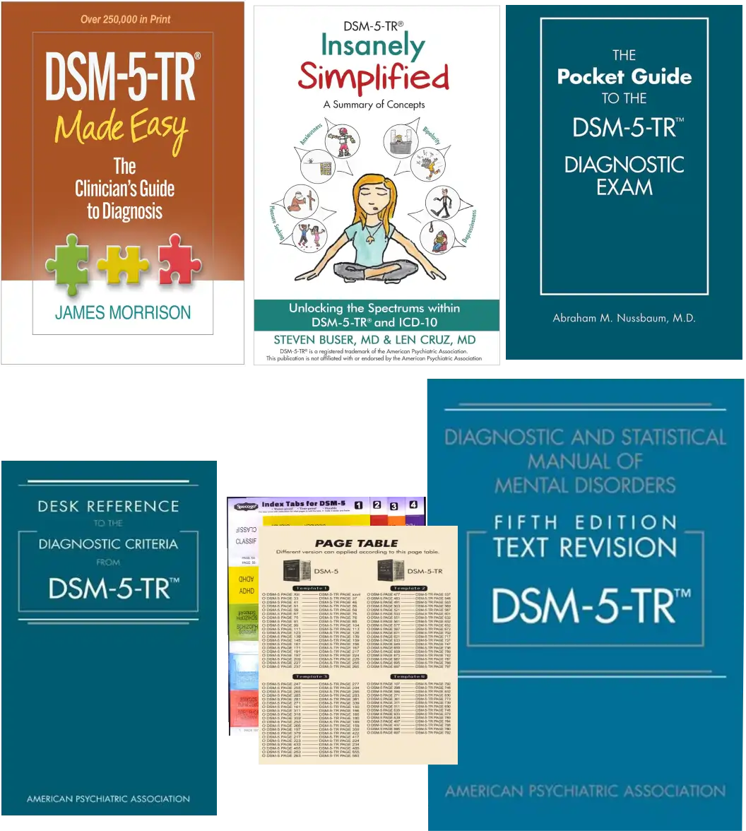 DSM-5-TR Professional Set – DSM-5-TR-Main Manual-Paperback+ Clinician's Made Easy + Insanely Simplified Concepts + Pocket Exam Guide + Desk Criteria Reference + Color Tab