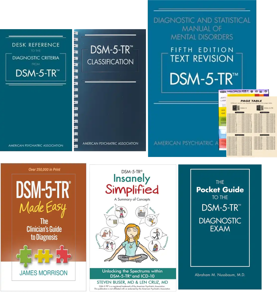 DSM-5-TR Study & Practice Mega Bundle – DSM-5-TR-Main Manual-Softcover+ Clinician's Made Easy + Insanely Simplified Concepts + Pocket Exam Guide + Desk Criteria Reference + Spiral Classification + Color Tab