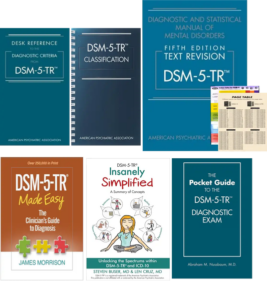 DSM-5-TR Study & Practice Mega Bundle – DSM-5-TR-Main Manual-Softcover+ Clinician's Made Easy + Insanely Simplified Concepts + Pocket Exam Guide + Desk Criteria Reference + Spiral Classification + Color Tab
